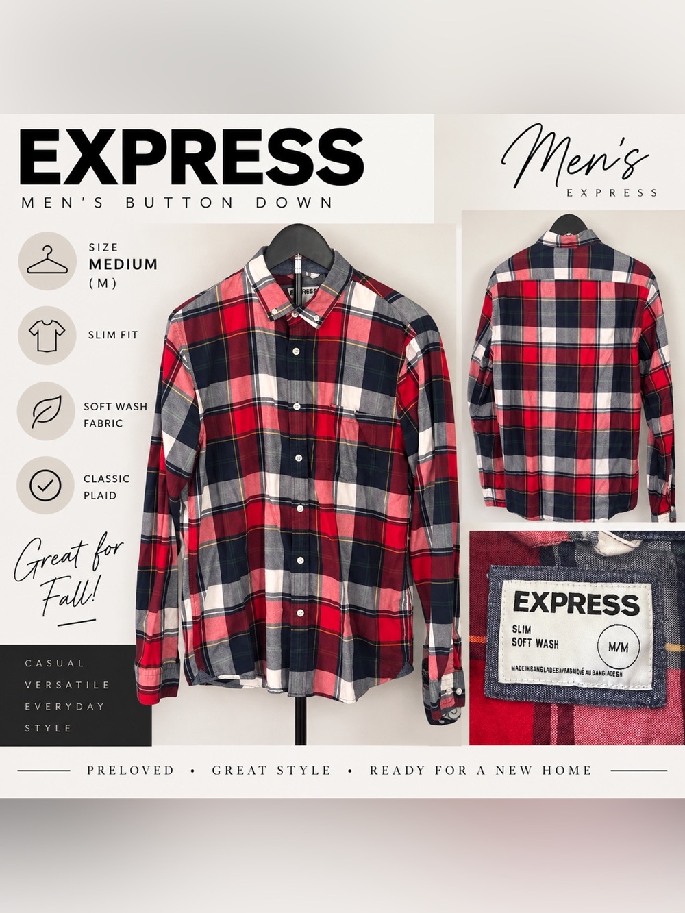 Express Red & Navy Plaid Button-Down Shirt
